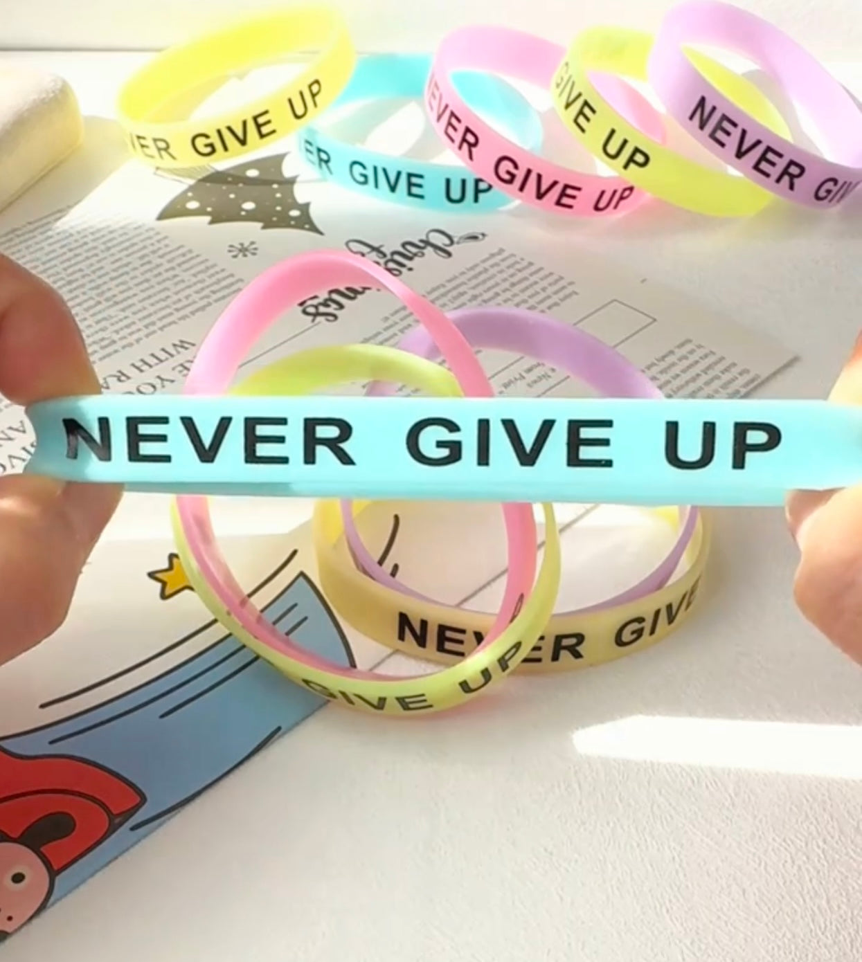 Never give up glow wristbands